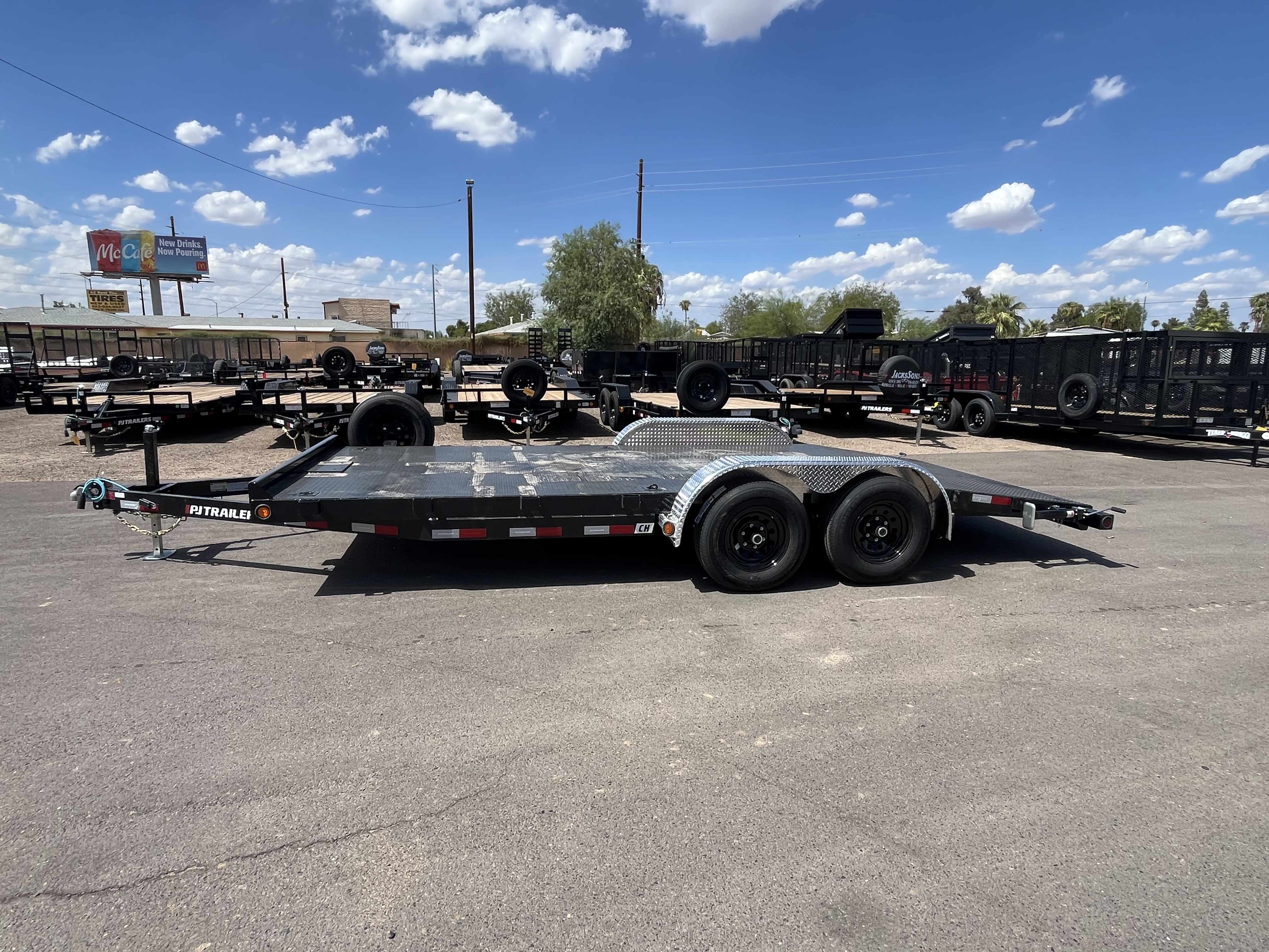 PJ Trailers 18x83 Tandem Axle, 10K GVWR, Steel Deck Car Hauler, Slide-In Ramps