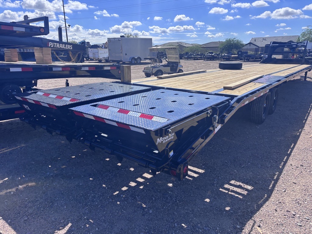 PJ Trailers 40' Gooseneck Low-Pro Flatdeck with Singles, 15,680 GVWR, Monster Ramps, 14 Ply Tires