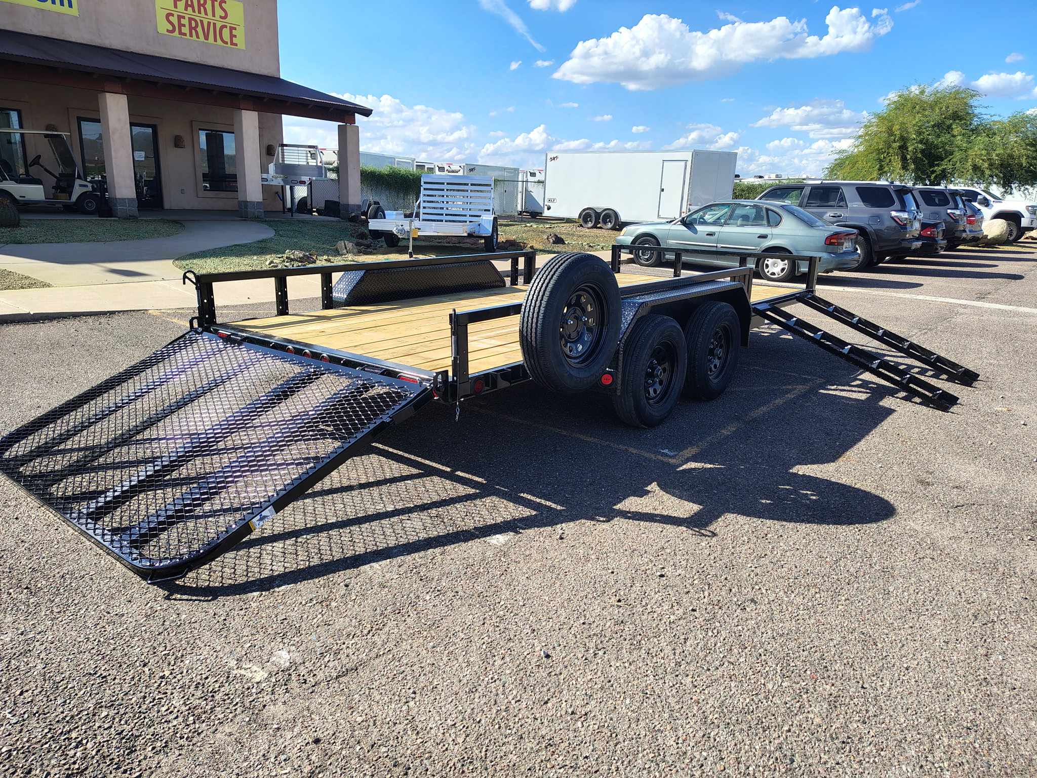 PJ Trailers 16x83 Tandem Axle, 7K GVWR, Channel Utility w/ Square Tube Siderails, ATV Ramps