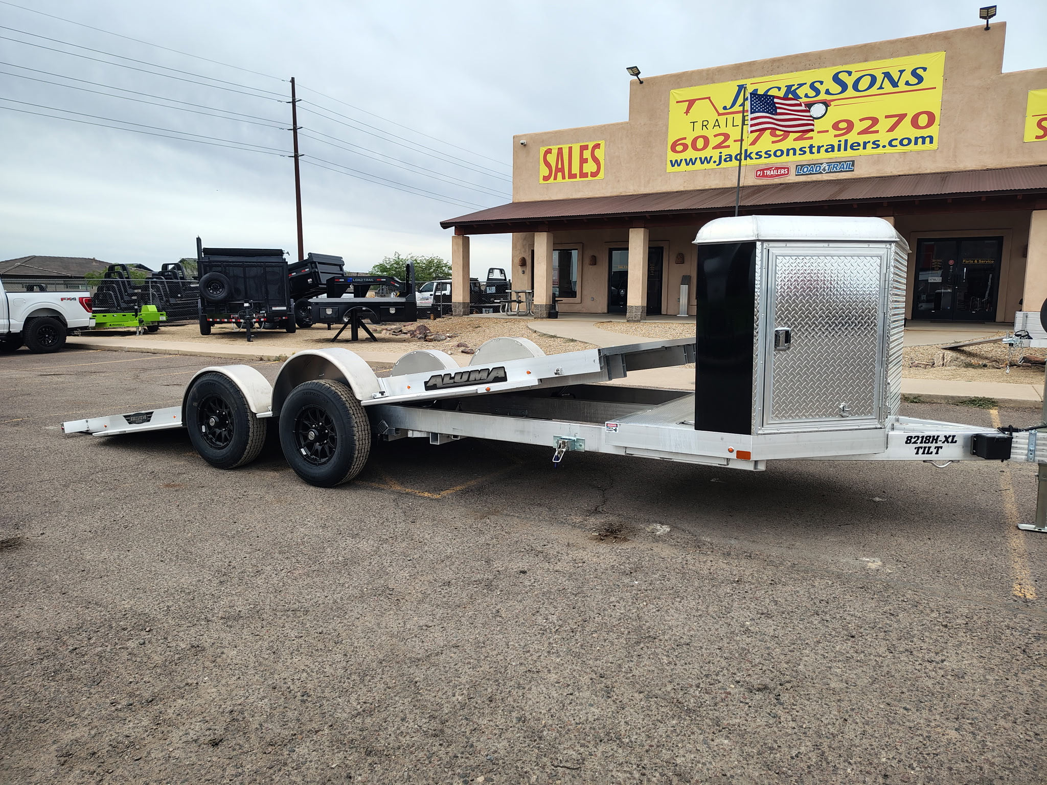Aluma 18x82 All Aluminum, 10K GVWR, Heavy Tandem Axle, XL Tilt w/ Cargo Box (8218H-XL-TILT-TA-EL-RTD-CB)